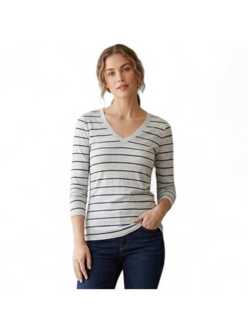Gap Grey and navy striped long sleeve top
P2P 14” stretches to 17”
Size XS
Pima